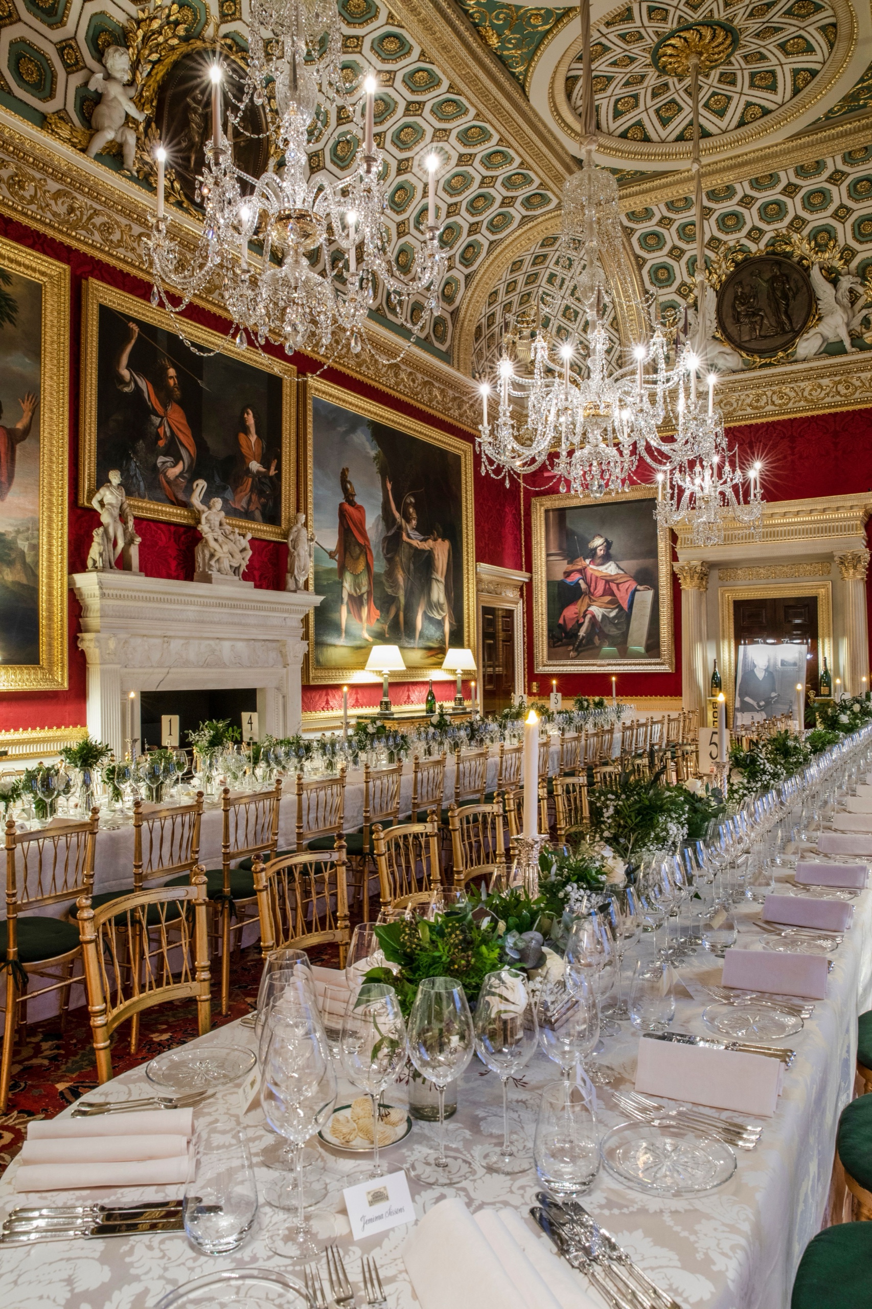 A banquet laid in the Great Room for a seated wedding dinner