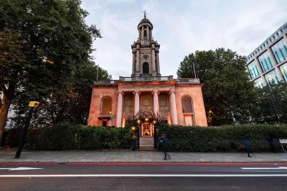 One Marylebone's neo-classical facade lit at dusk