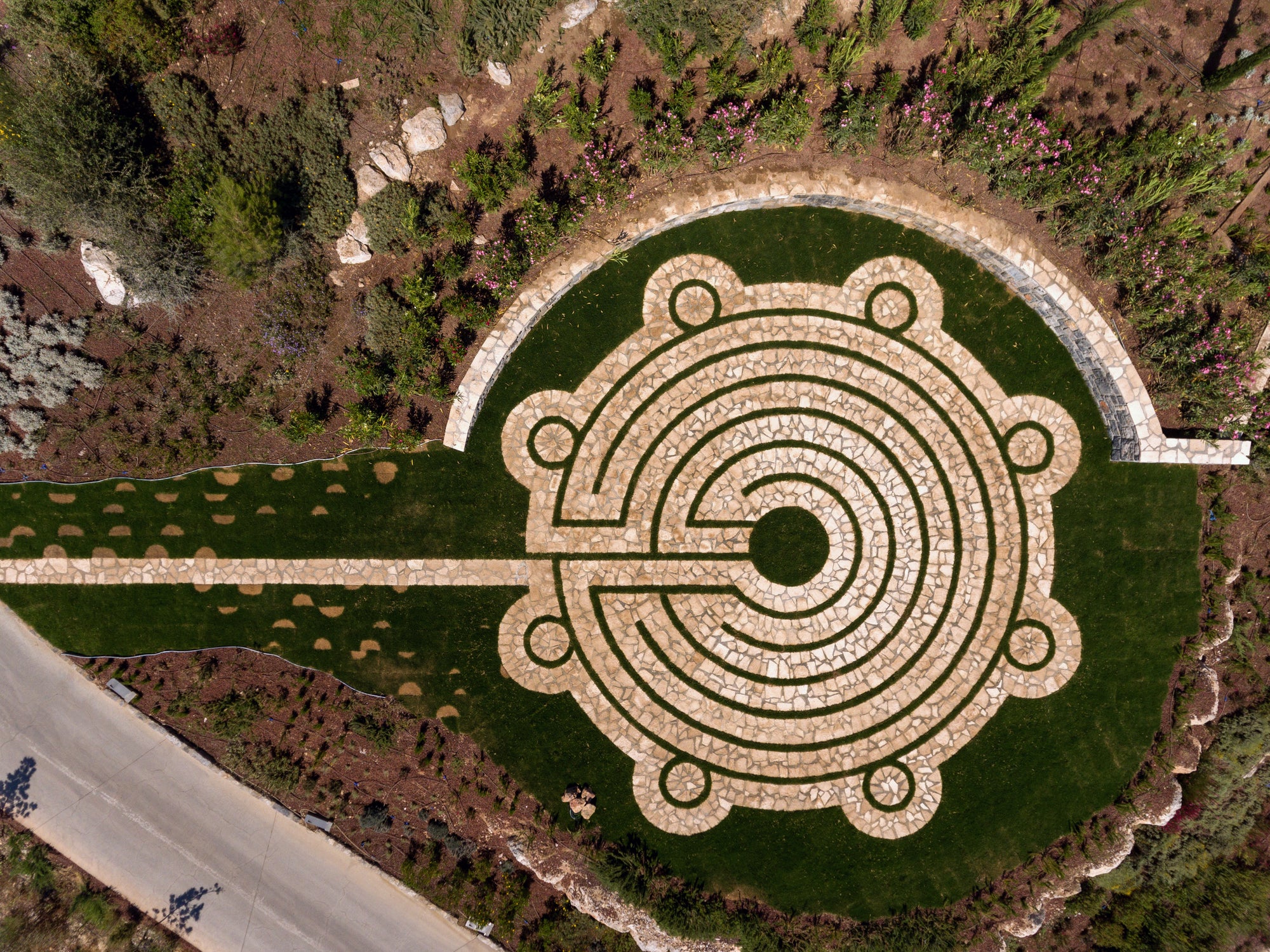 Aerial view of an ornamental garden labyrinth