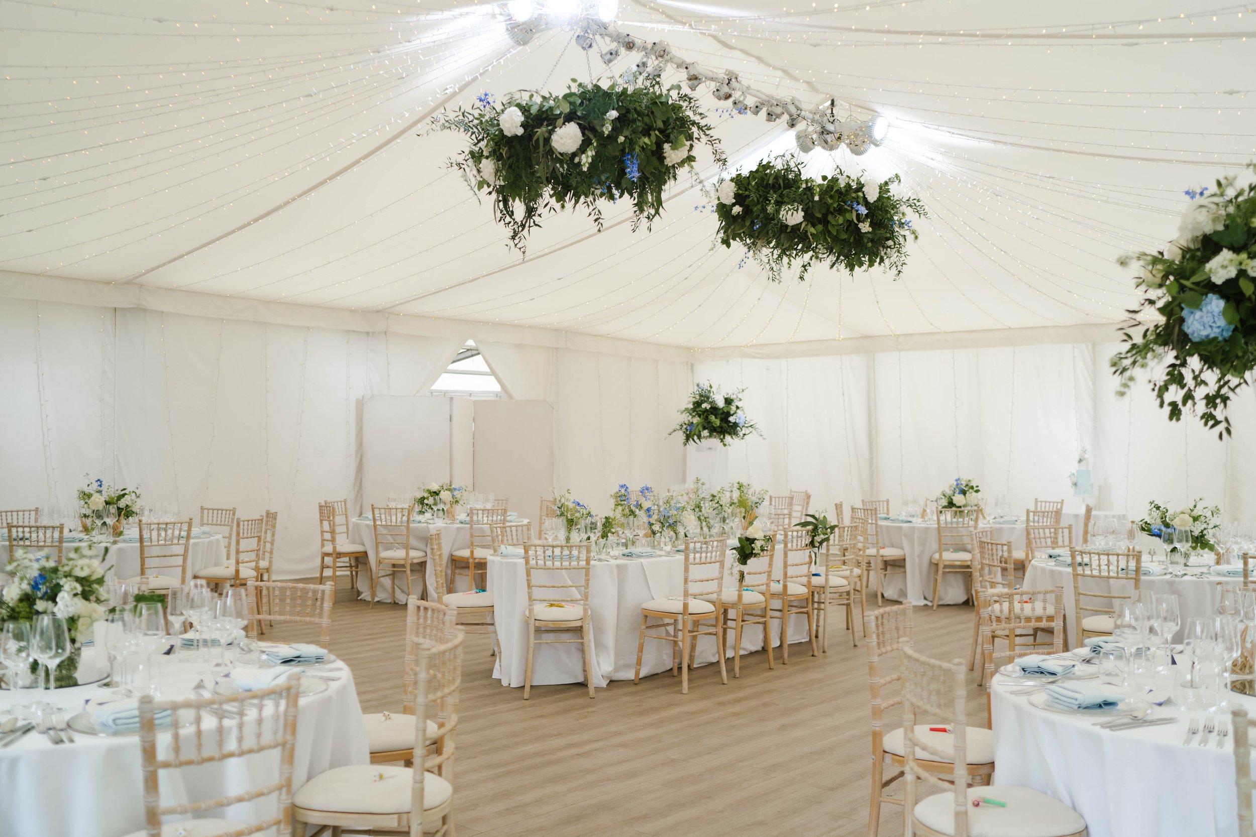 The Chaplain's Marquee dressed for a wedding breakfast