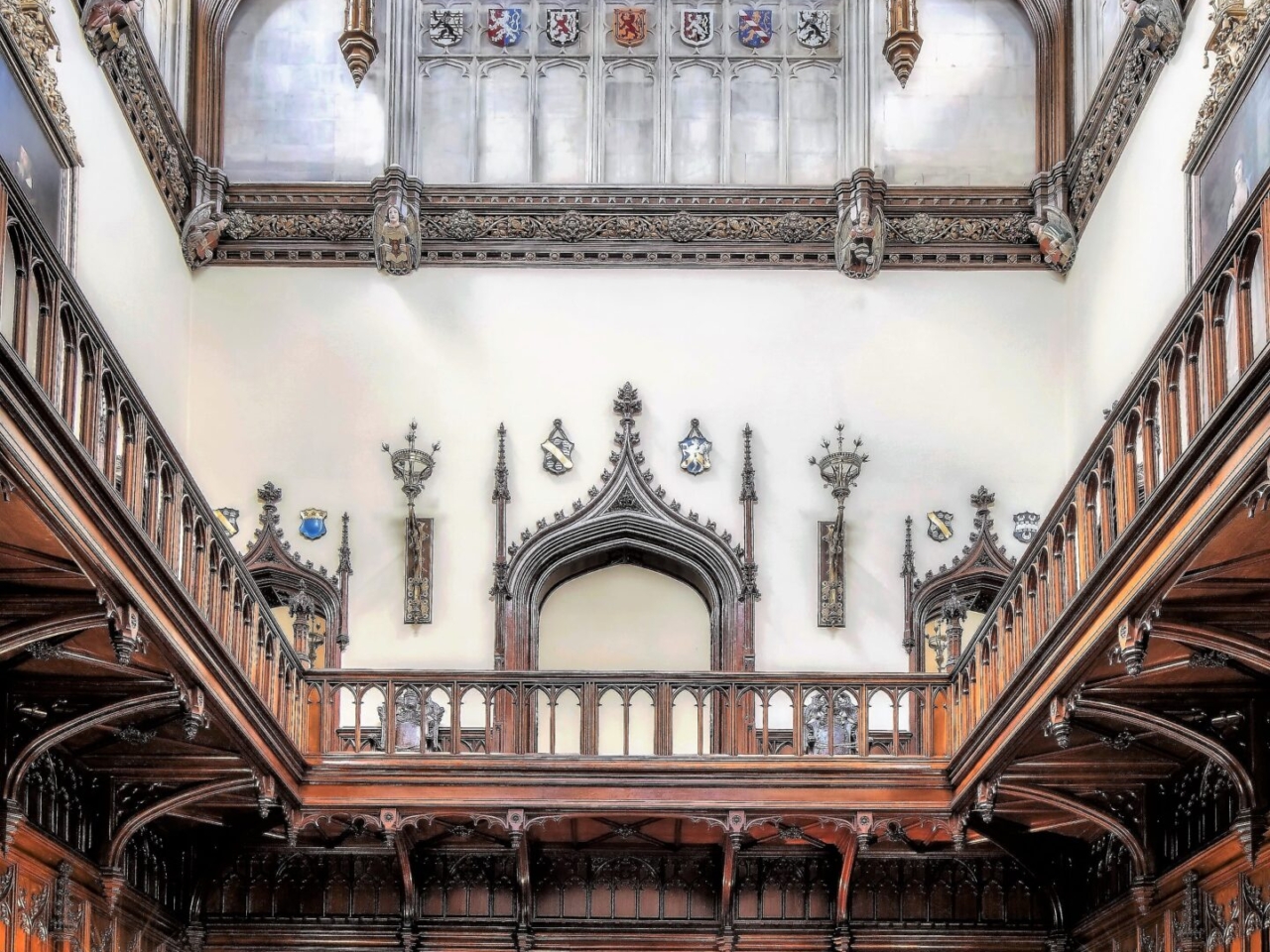 The Great Hall, carved Gothic timber and a soaring beamed ceiling