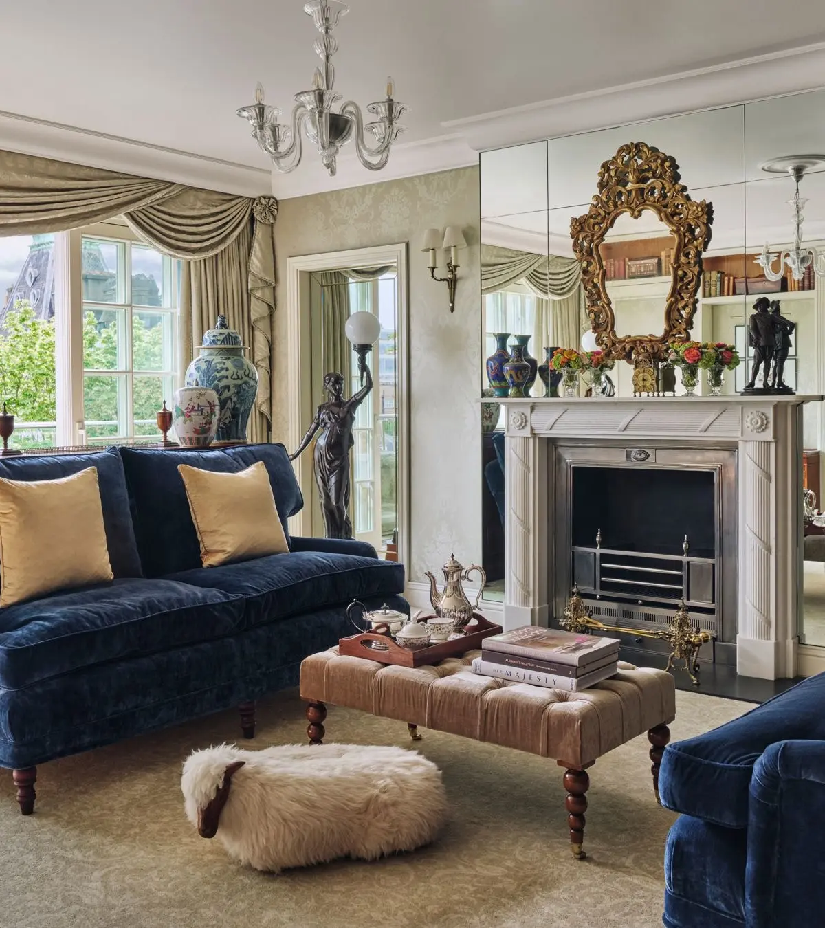 The Royal Suite drawing room in blue velvet, overlooking the garden