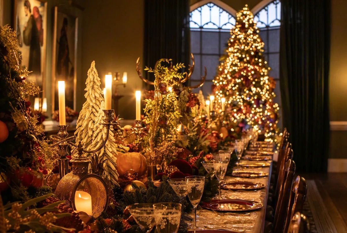 A candlelit banquet along a long dressed table with greenery