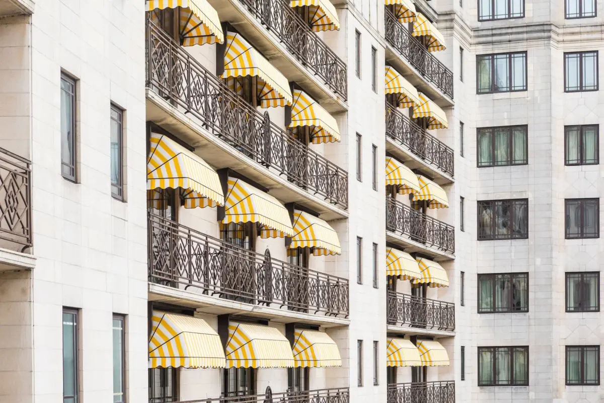 The Art Deco Facade and Awnings, The Dorchester, Mayfair, England