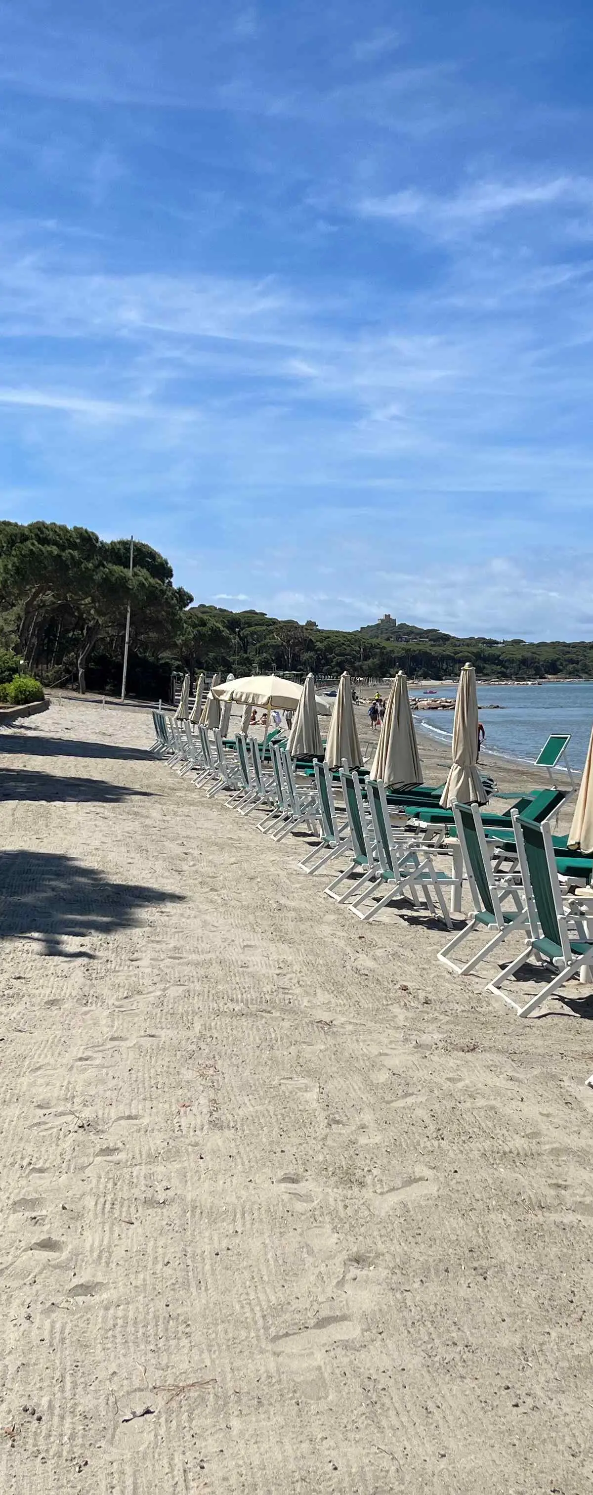 The private beach with parasols and loungers along the sand