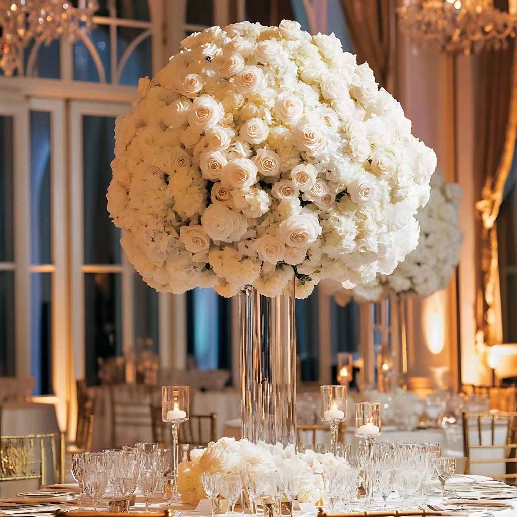 A tall centrepiece of white roses, beneath a chandelier