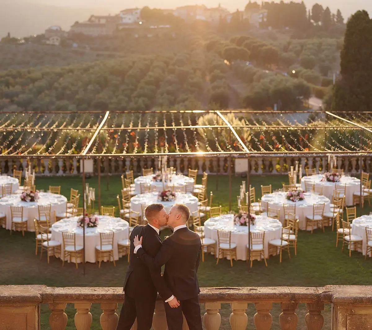 A sunset reception on the terrace of Tenuta di Artimino, overlooking olive groves near Florence