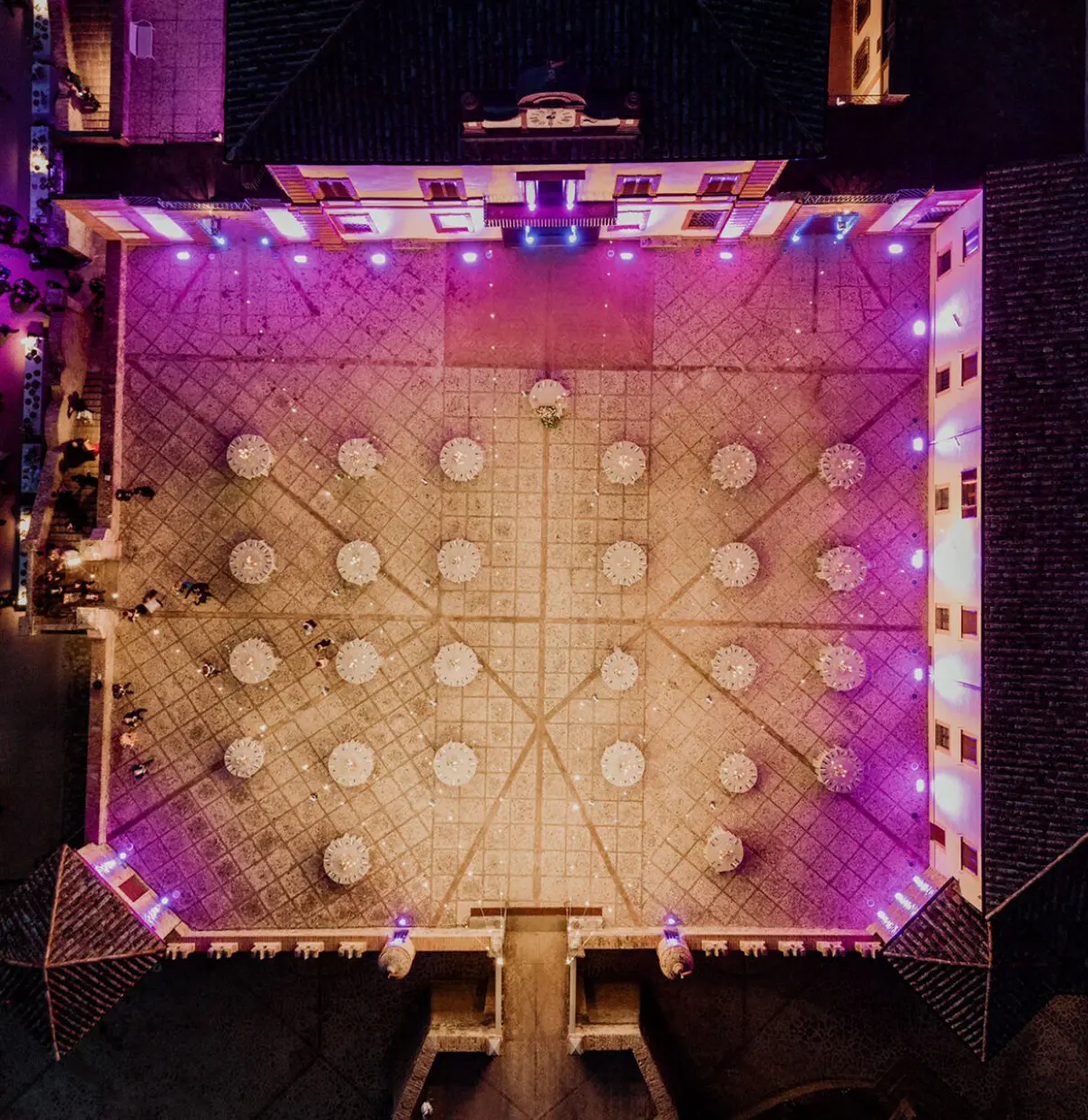 Aerial of the castle courtyard set for a wedding reception