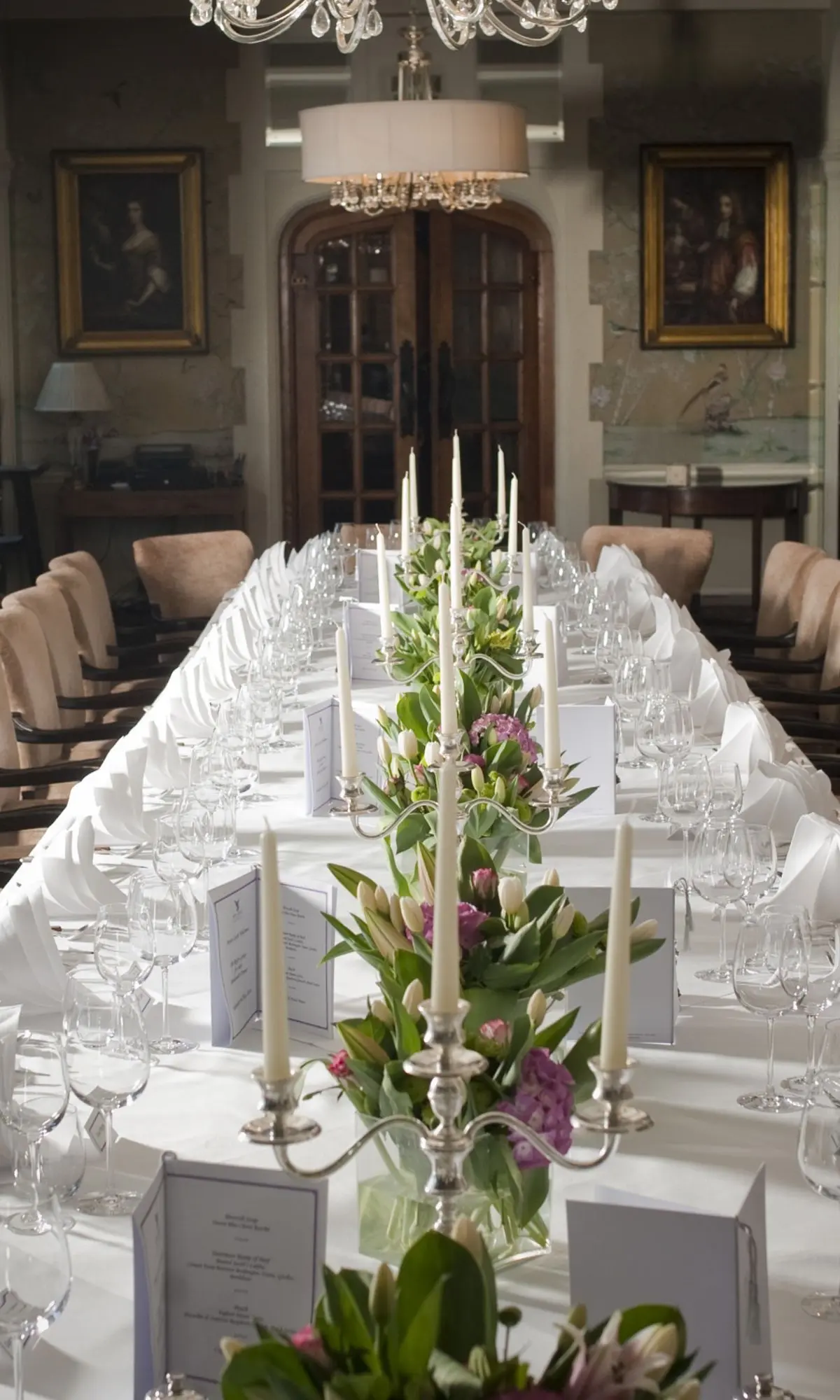 The wedding breakfast in the Cathedral Room at Bovey Castle