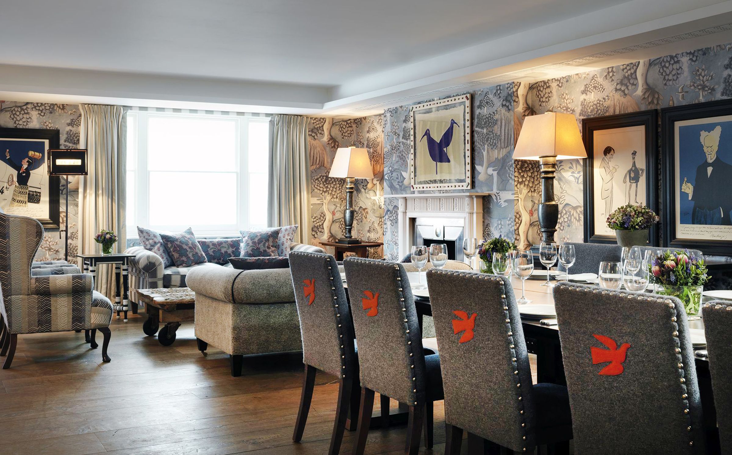 The Nash Room, a dining table and lounge in bold colour