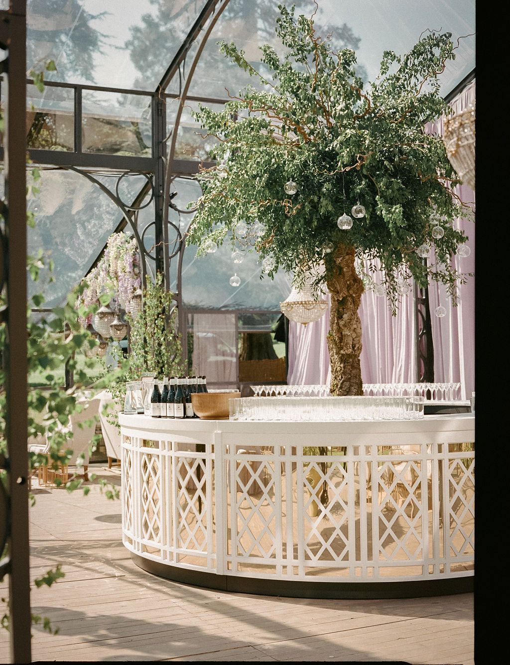 A hanging floral installation at The Wilderness, Chiswick House