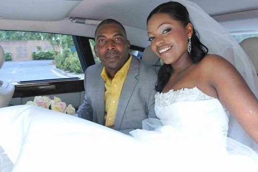 A bride and her father in the wedding car, Tudor Park Hotel, Kent