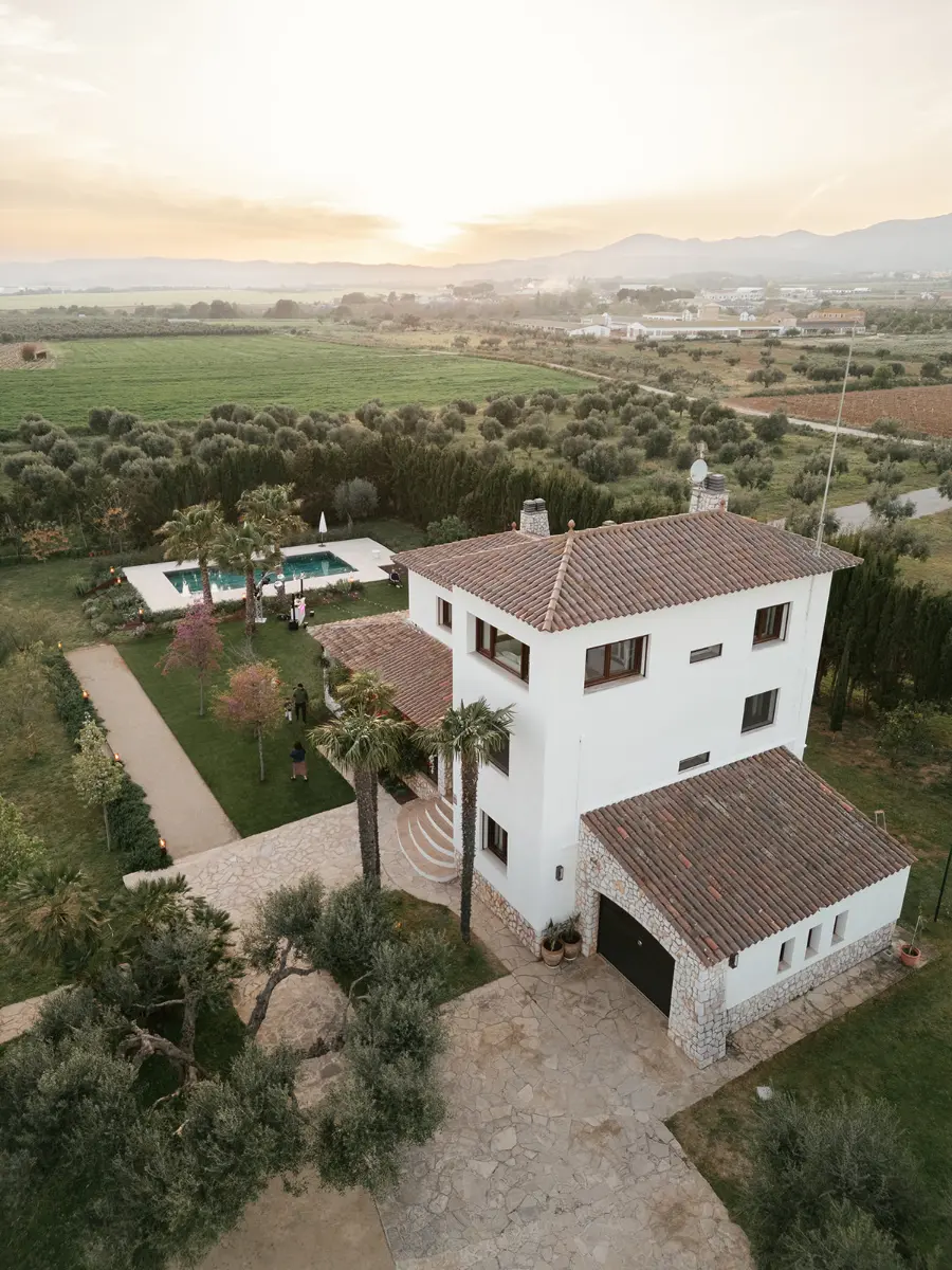 Aerial view — the estate and Penedès vineyards at sunset