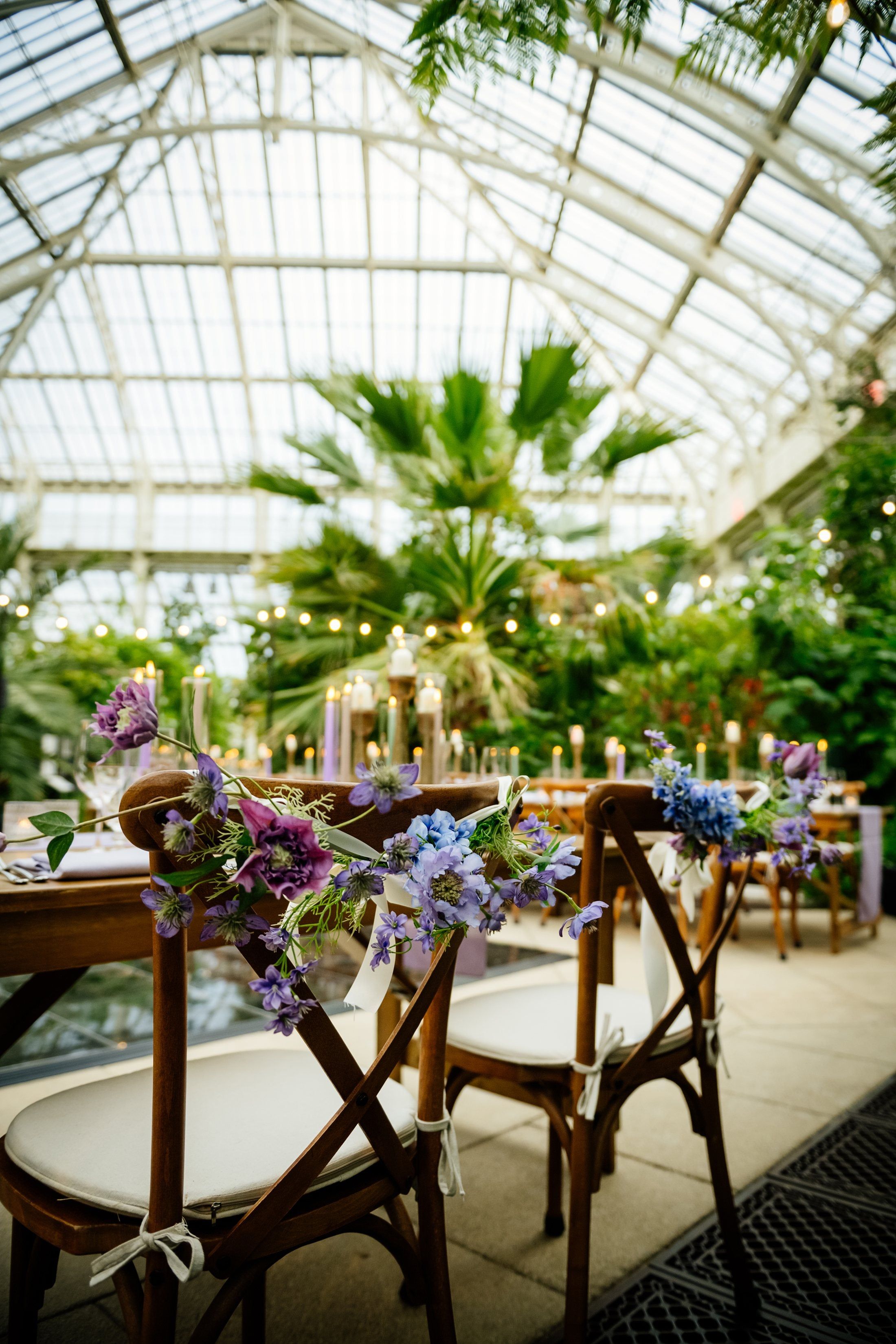 Chair floral decorations in the Temperate House, Kew Gardens