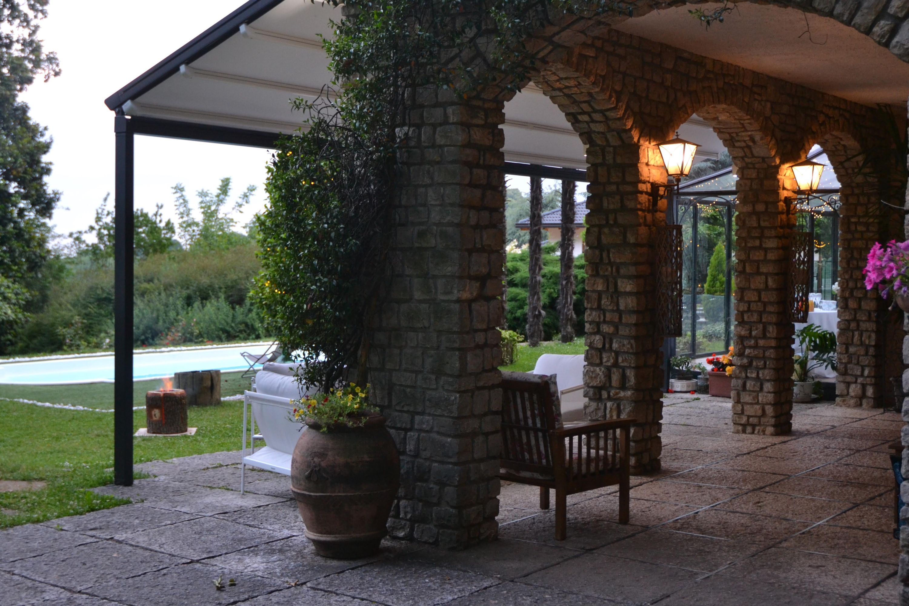 A stone loggia overlooking the garden