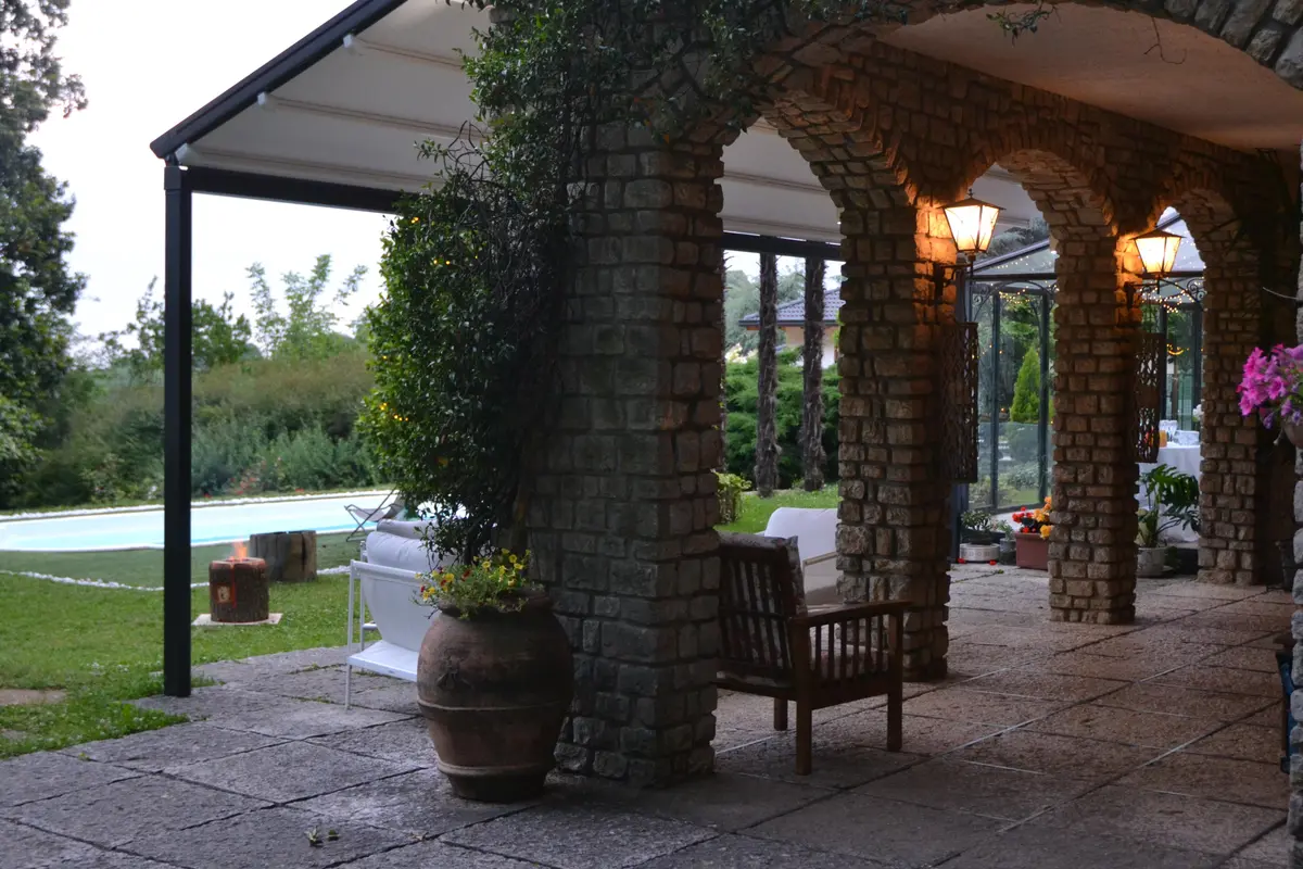 A stone loggia overlooking the garden