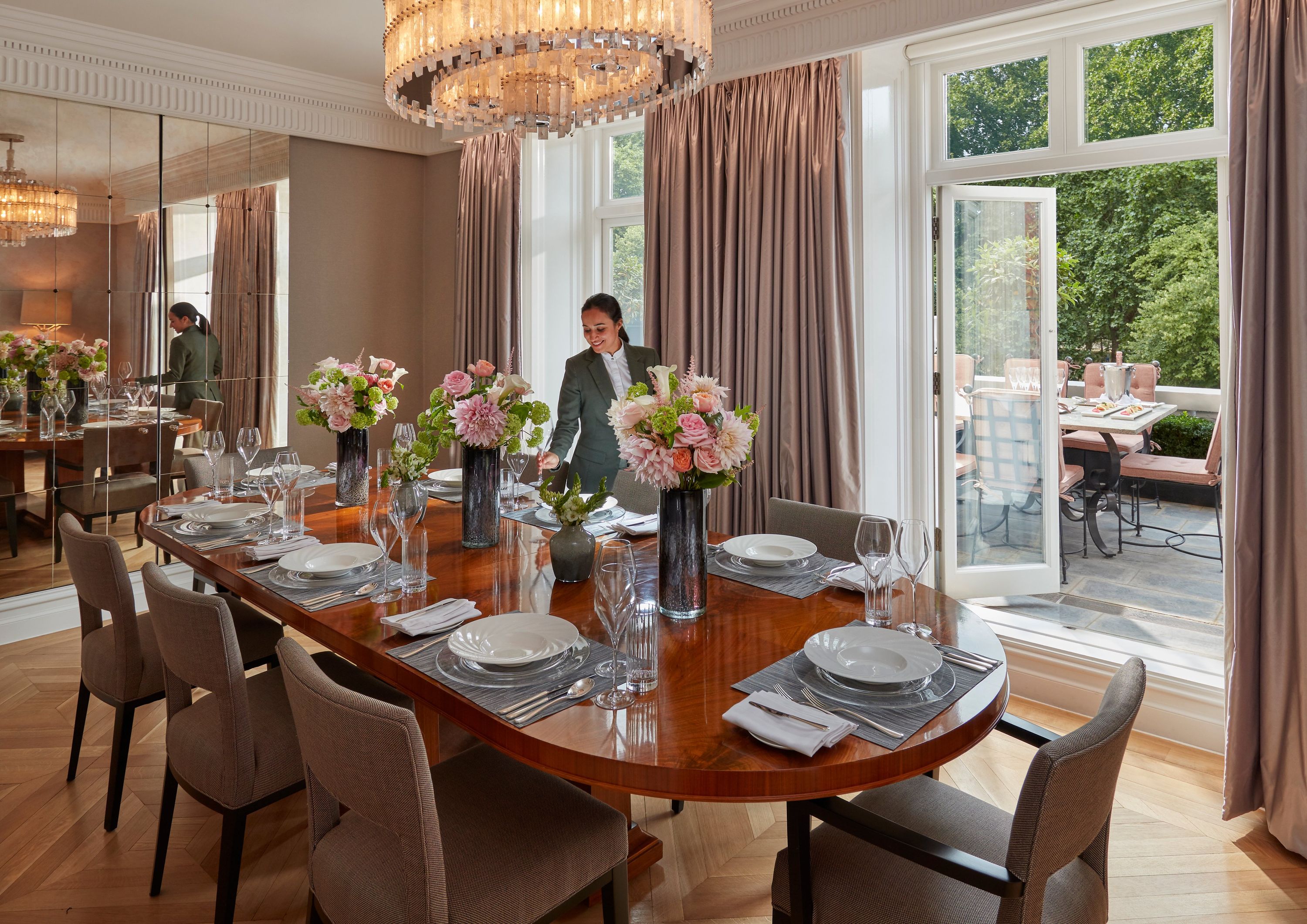 Private dining room dressed for the wedding breakfast, Hyde Park framed in the windows, Mandarin Oriental Hyde Park, London, London, England