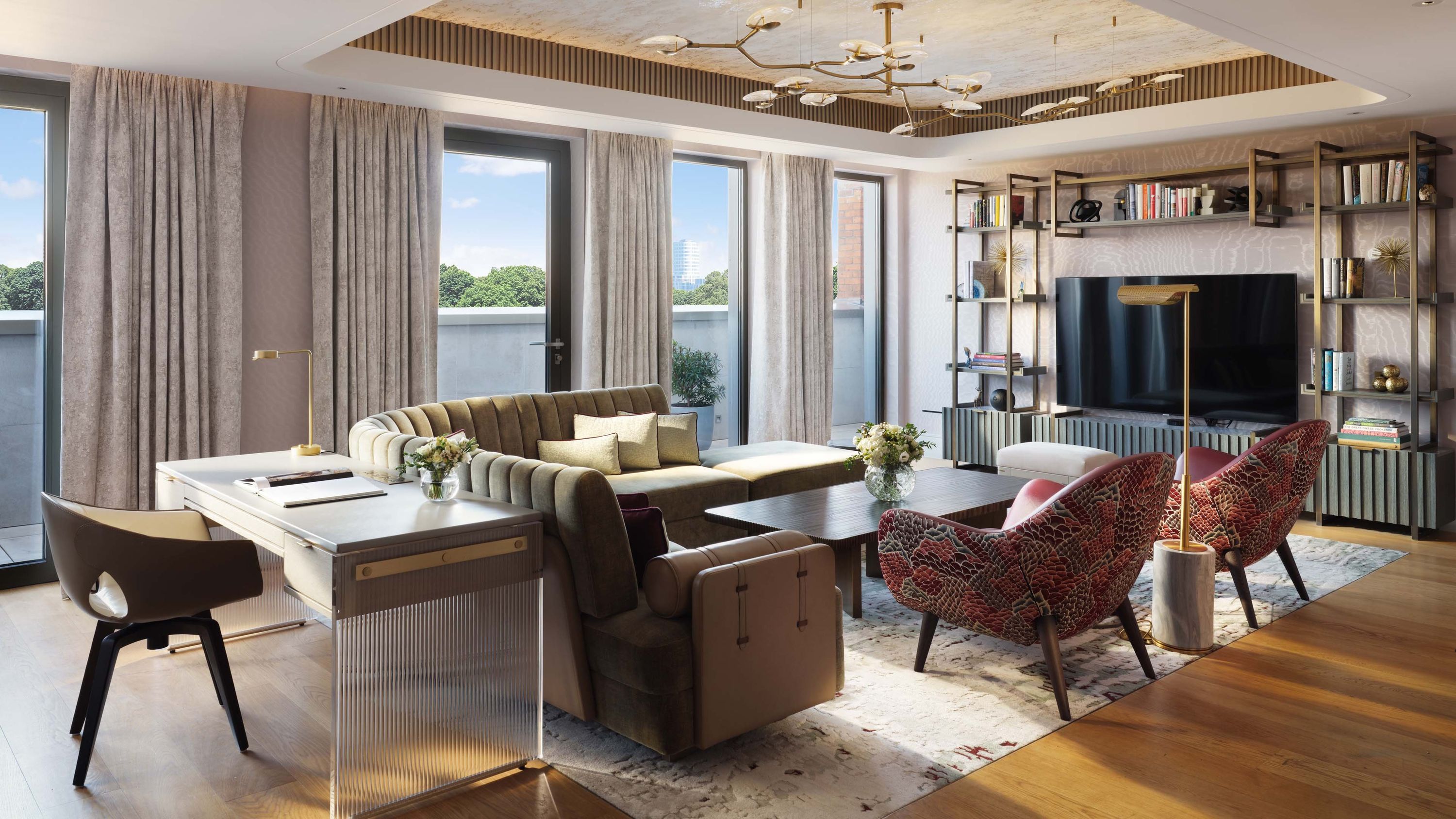 Penthouse reception room, floor-to-ceiling park views