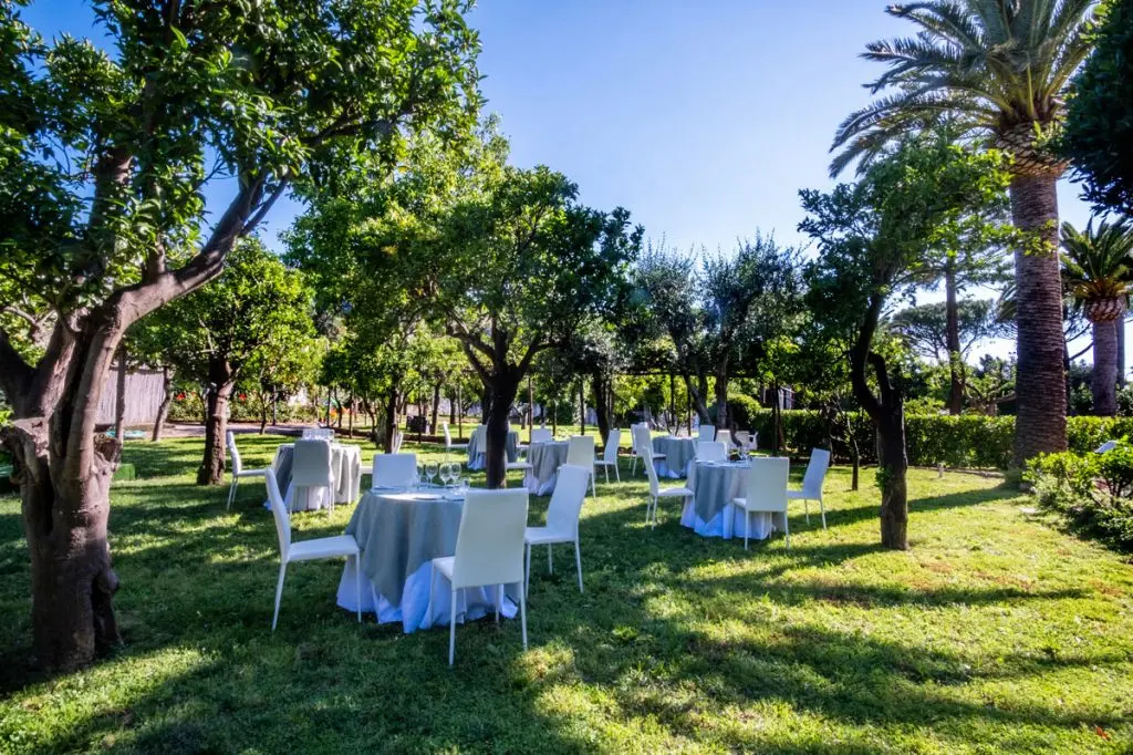 Wedding tables beneath a citrus grove