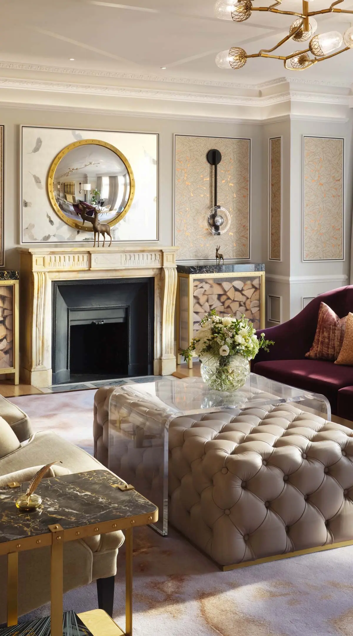 Suite drawing room, burgundy velvet and marble fireplace, Hyde Park beyond