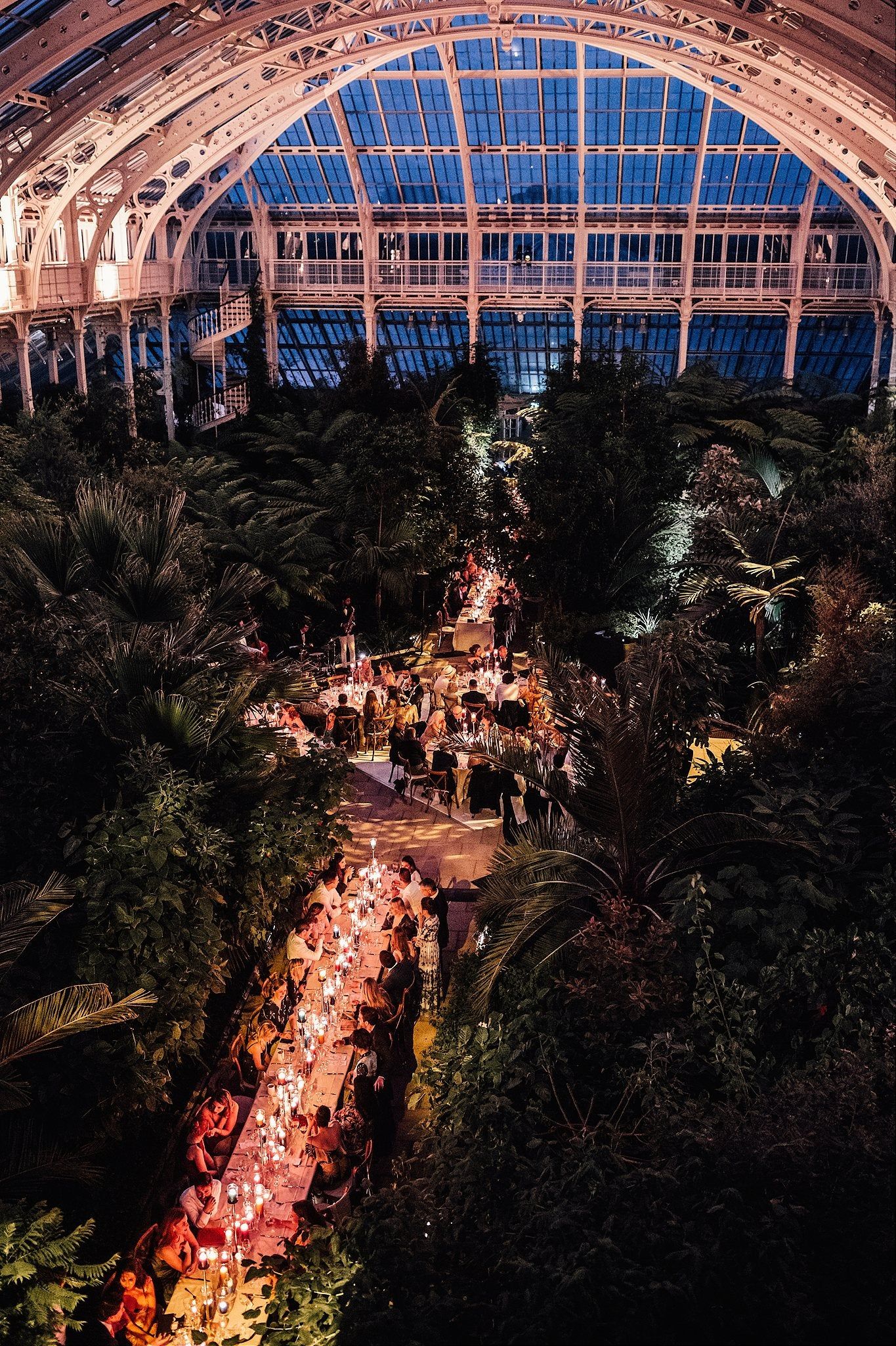 Wedding celebrations beneath the glass vault of the Temperate House, Kew Gardens