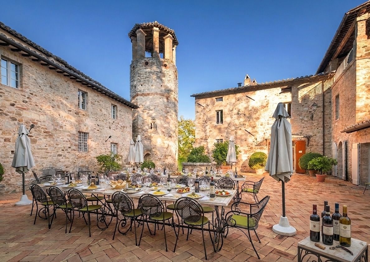 A stone castle courtyard set for a wedding dinner