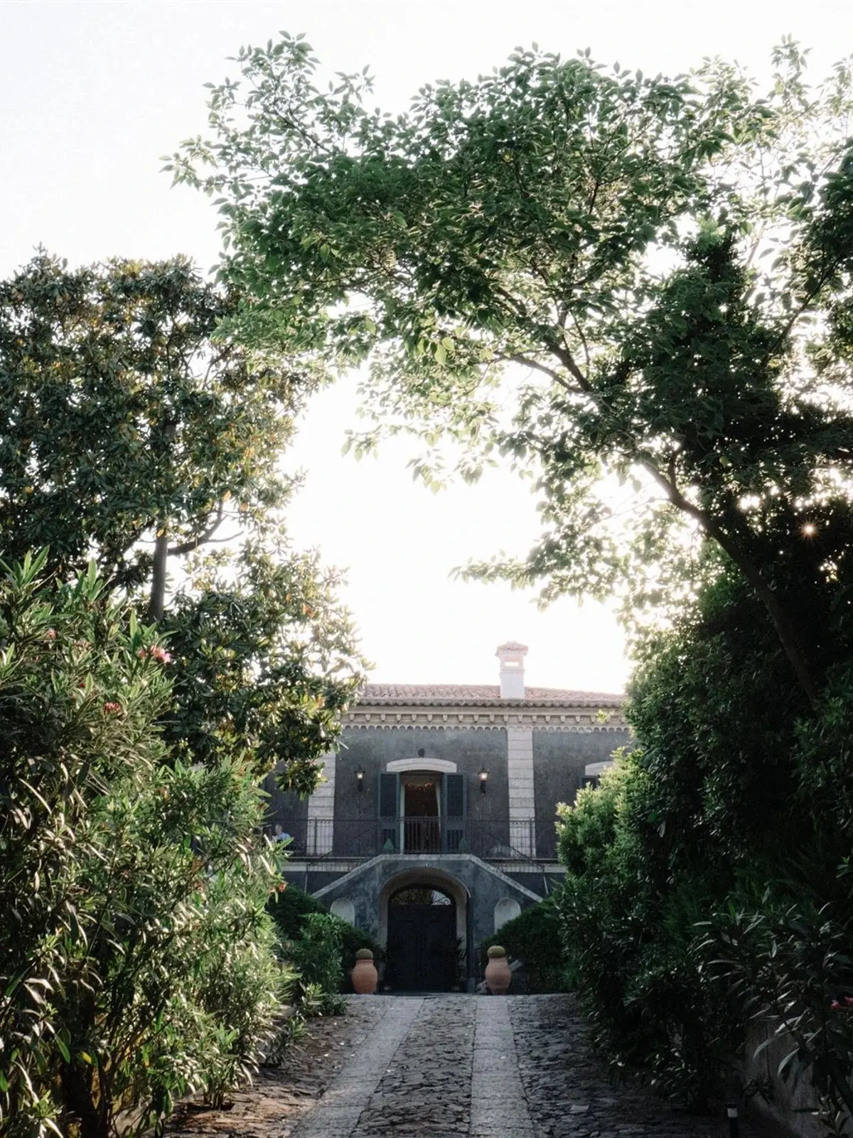 The venue’s stone entrance framed through an arch of trees