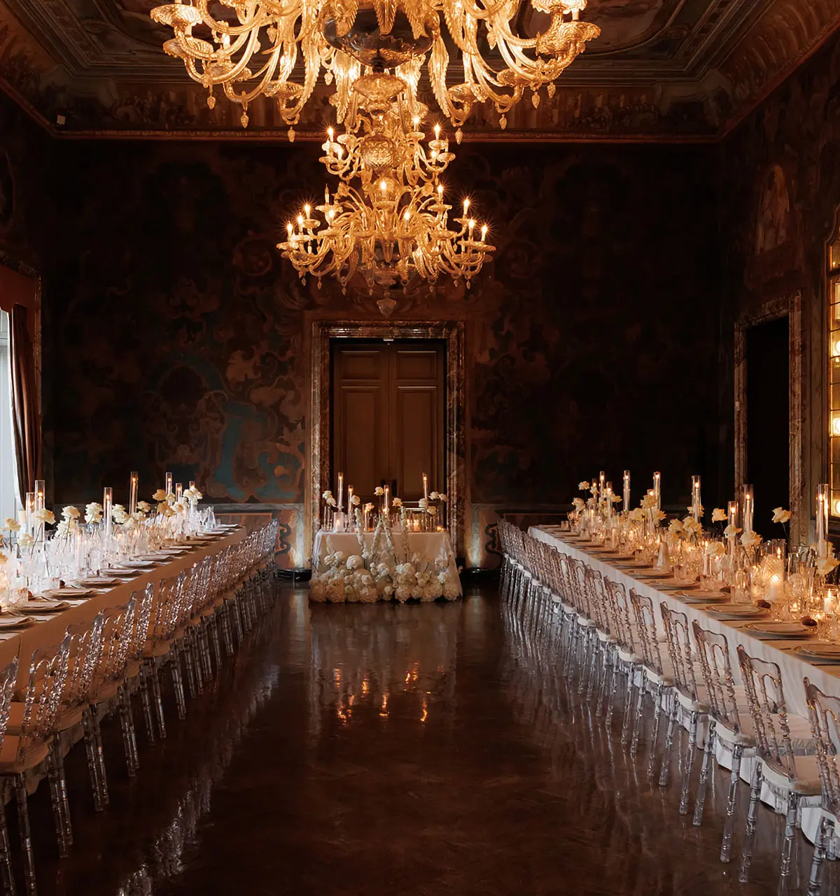 A grand frescoed dining room with crystal chandeliers, Lake Como