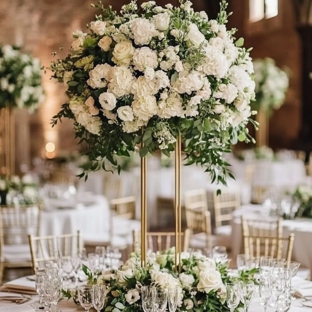 A tall centrepiece of white and green, exposed brick behind it