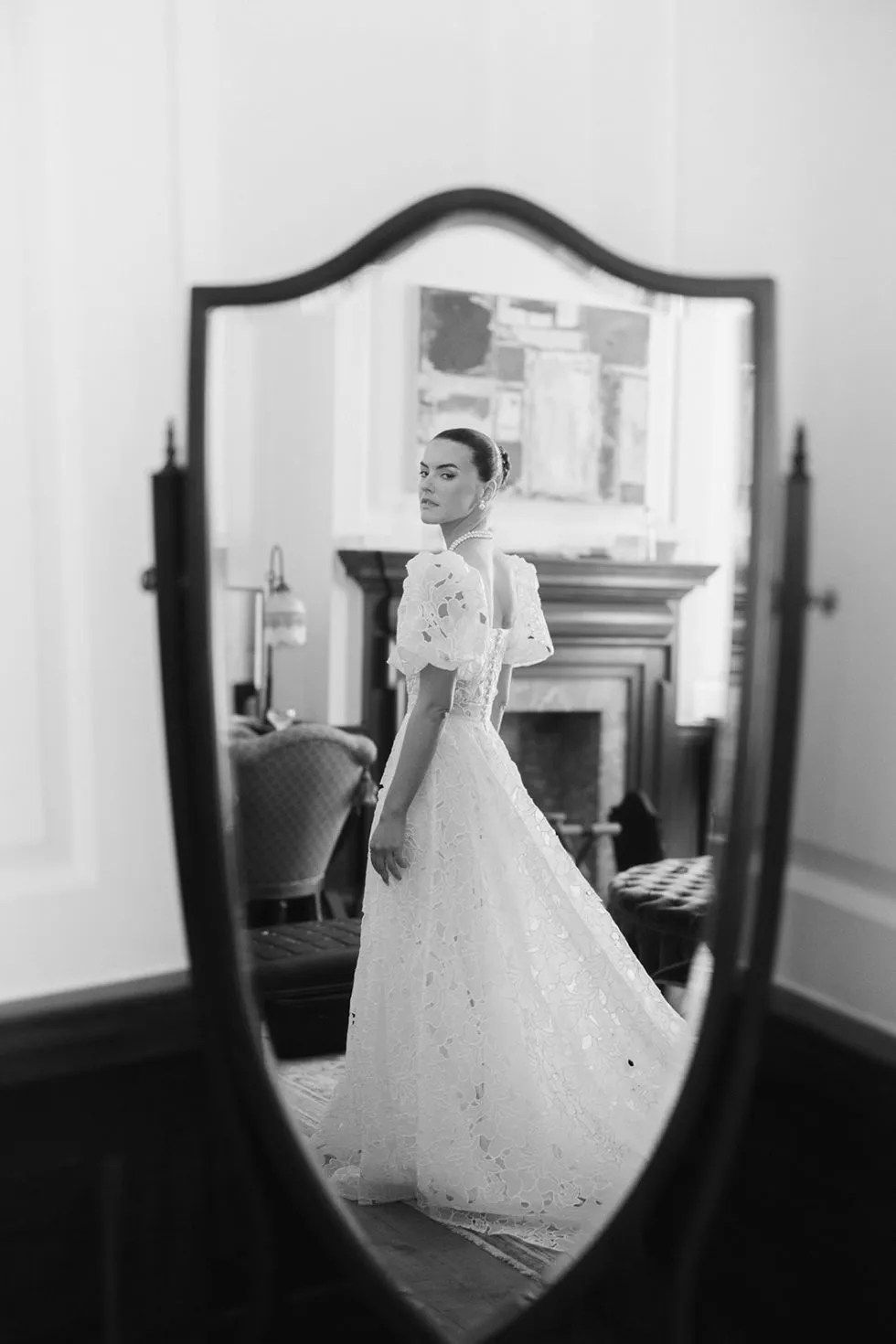 A bridal portrait in the mirror, getting ready at The Ned