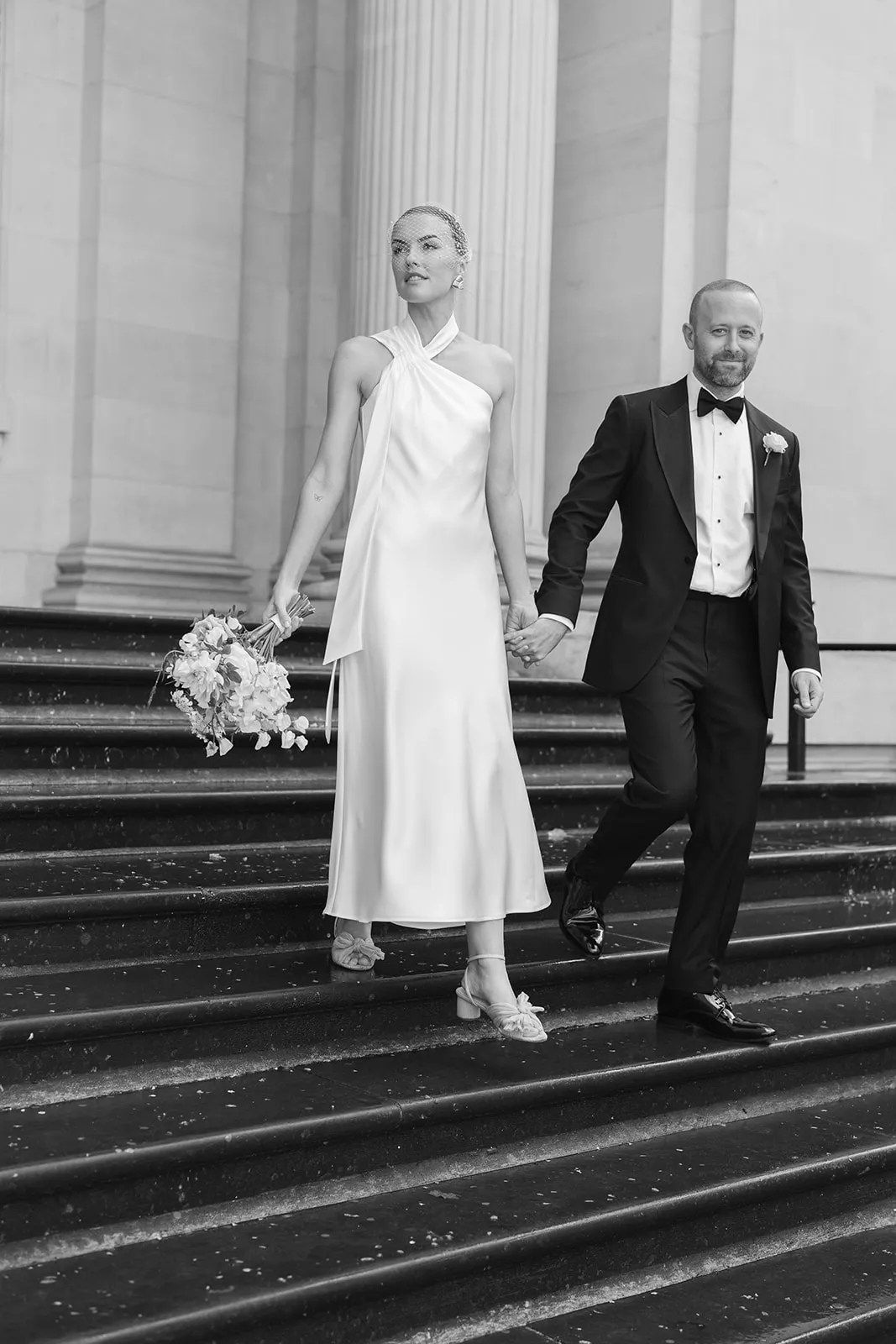 Emily and John descend the steps, The Ned, London