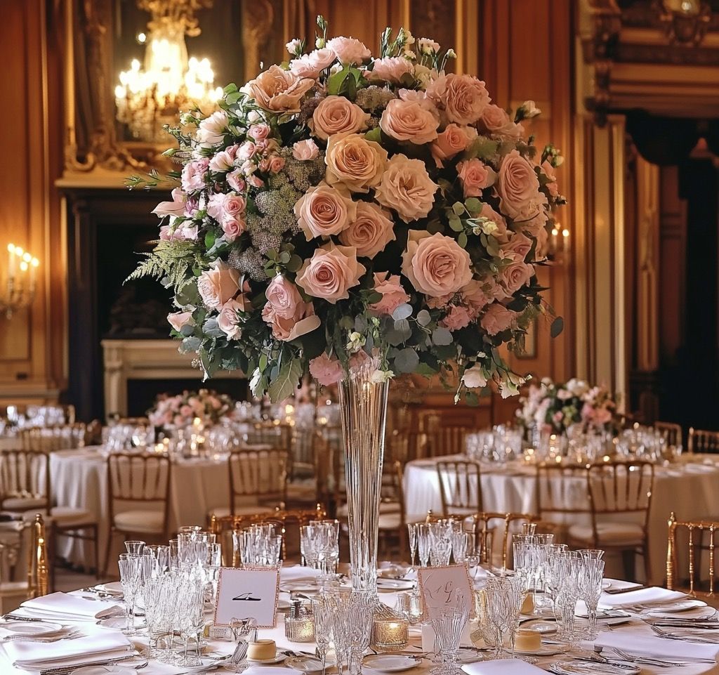A tall centrepiece of blush and peach roses