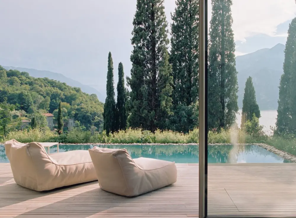 The terrace of a villa above the lake