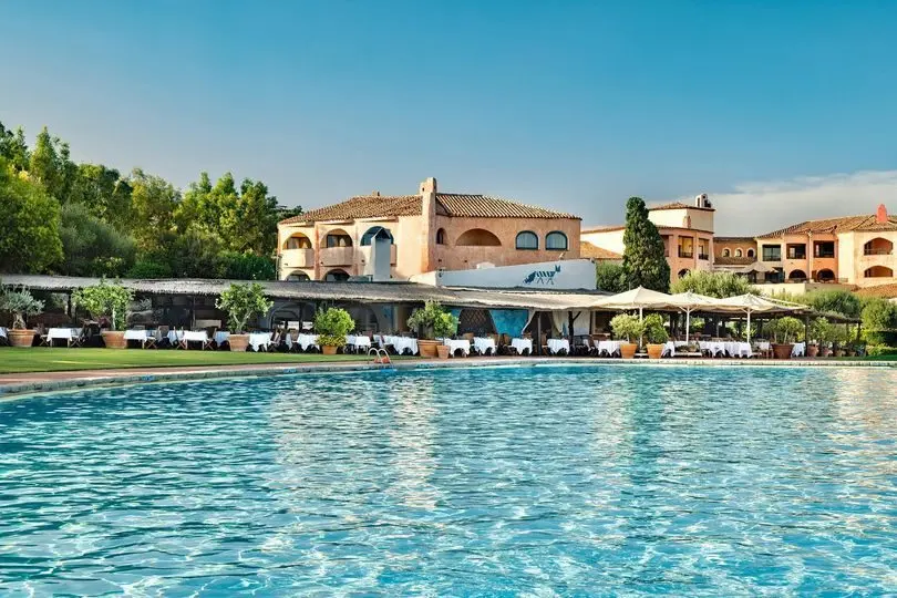 The pool at Hotel Cala di Volpe overlooking the bay
