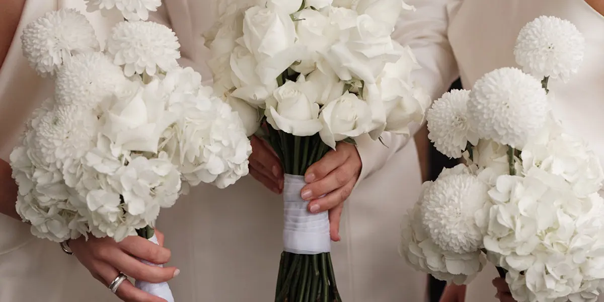 The bridal party, and three bouquets, Sif Jakobs Jewellery, Gentofte, Denmark
