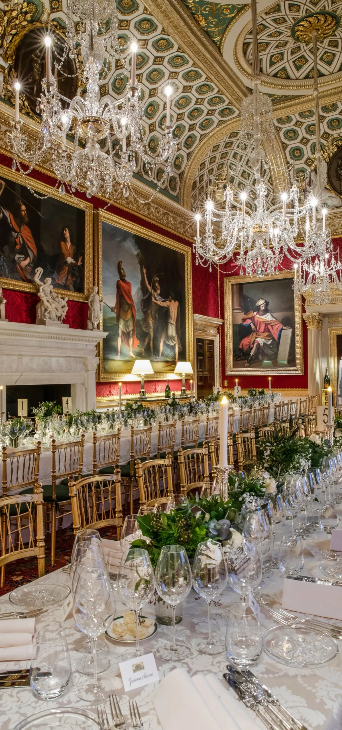 A banquet laid in the Great Room for a seated wedding dinner