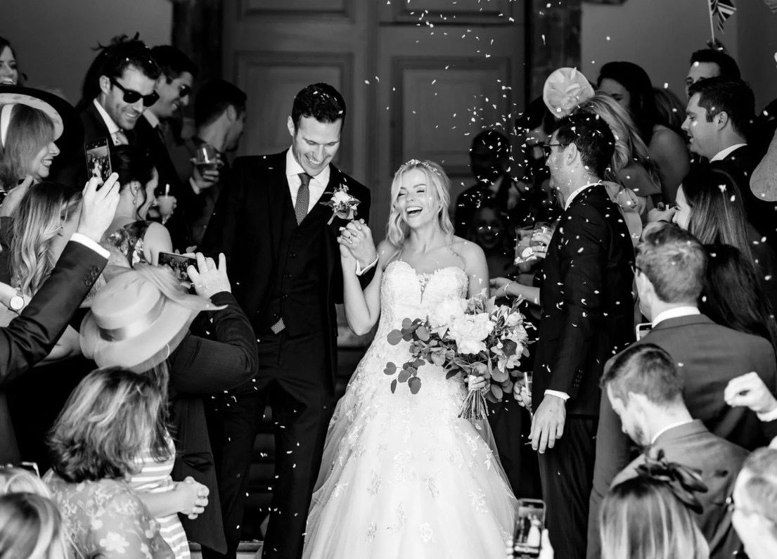 Confetti thrown over the couple