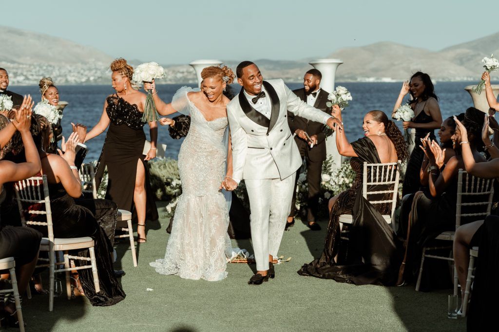 The bridal party and their bouquets
