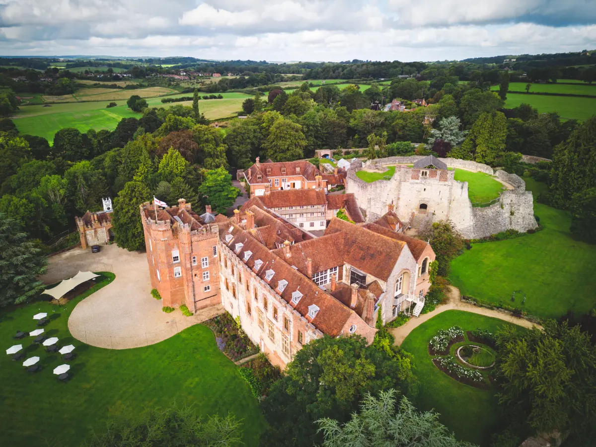 An aerial view of Farnham Castle and its Great Lawn amid the Surrey countryside, Farnham Castle, Farnham, England