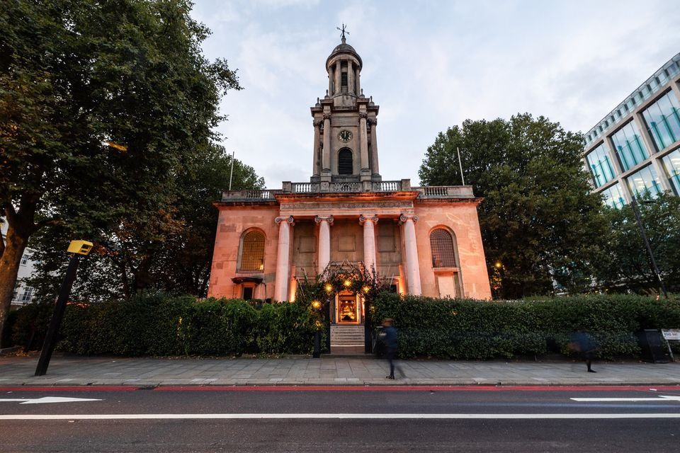 One Marylebone at dusk, Soane's neo-classical facade, Ionic portico and clock tower lit for an event