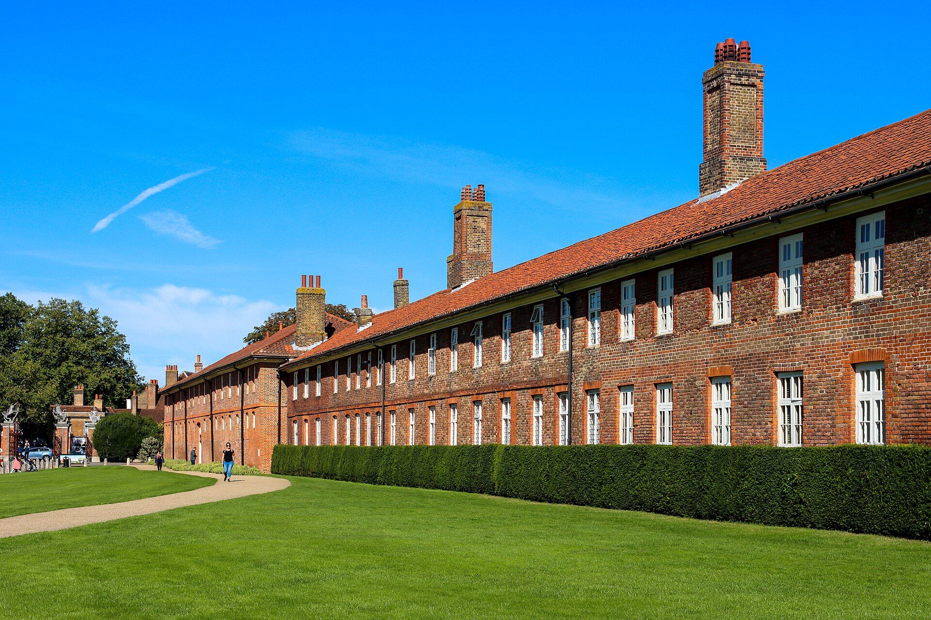 The long Tudor brick range beside the East Front lawns