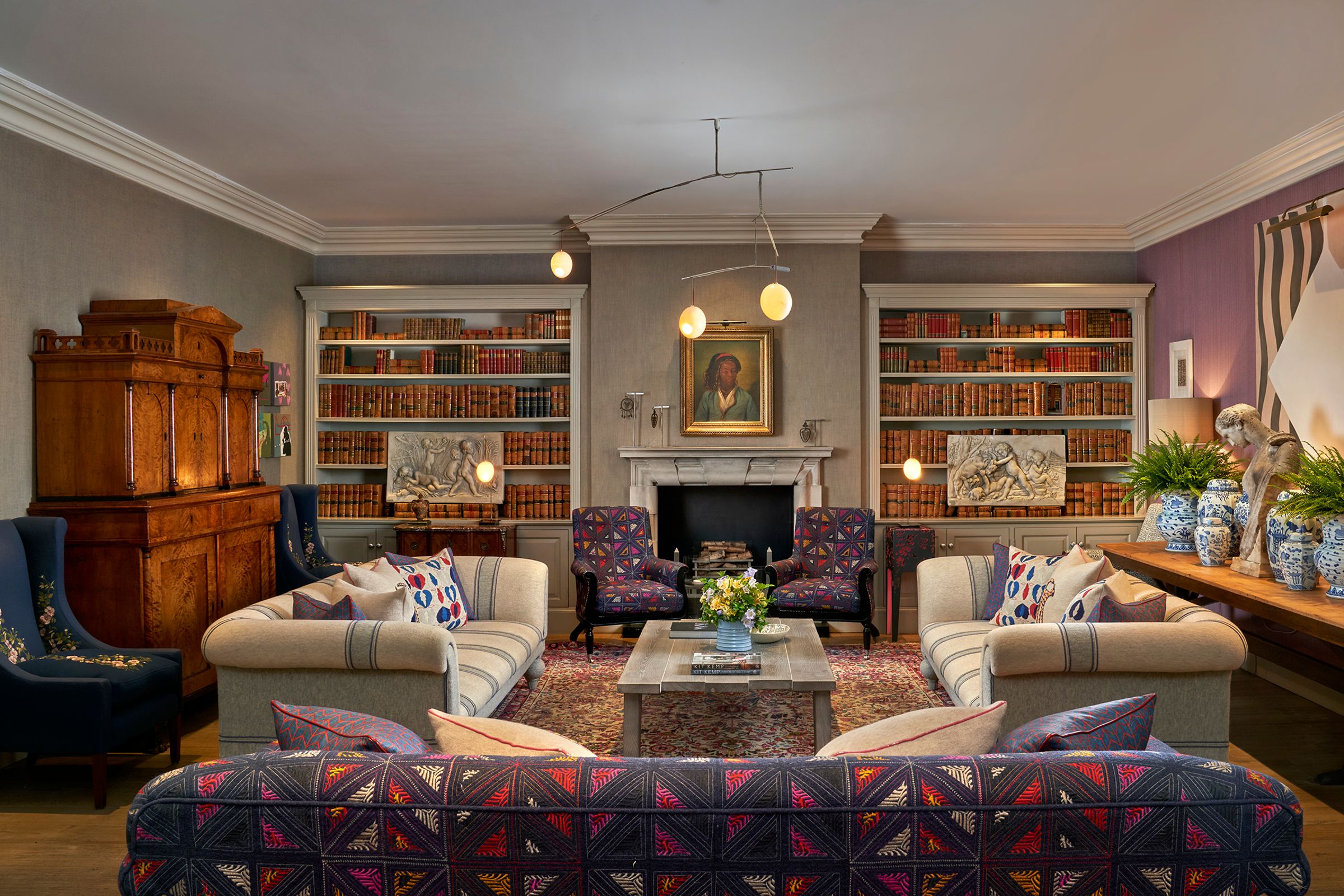 The Library, front-on, layered in Kit Kemp colour and pattern
