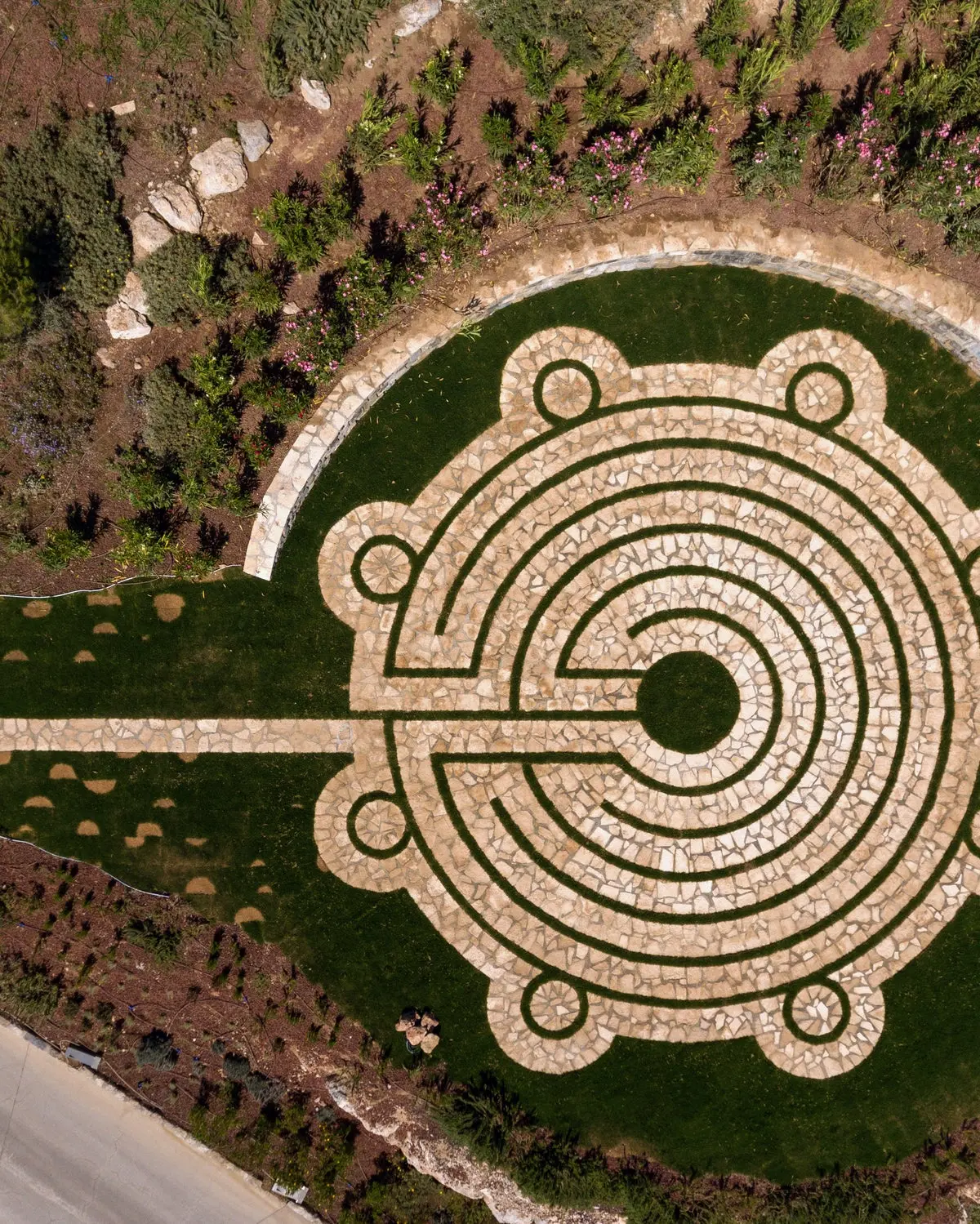 Aerial view of an ornamental garden labyrinth