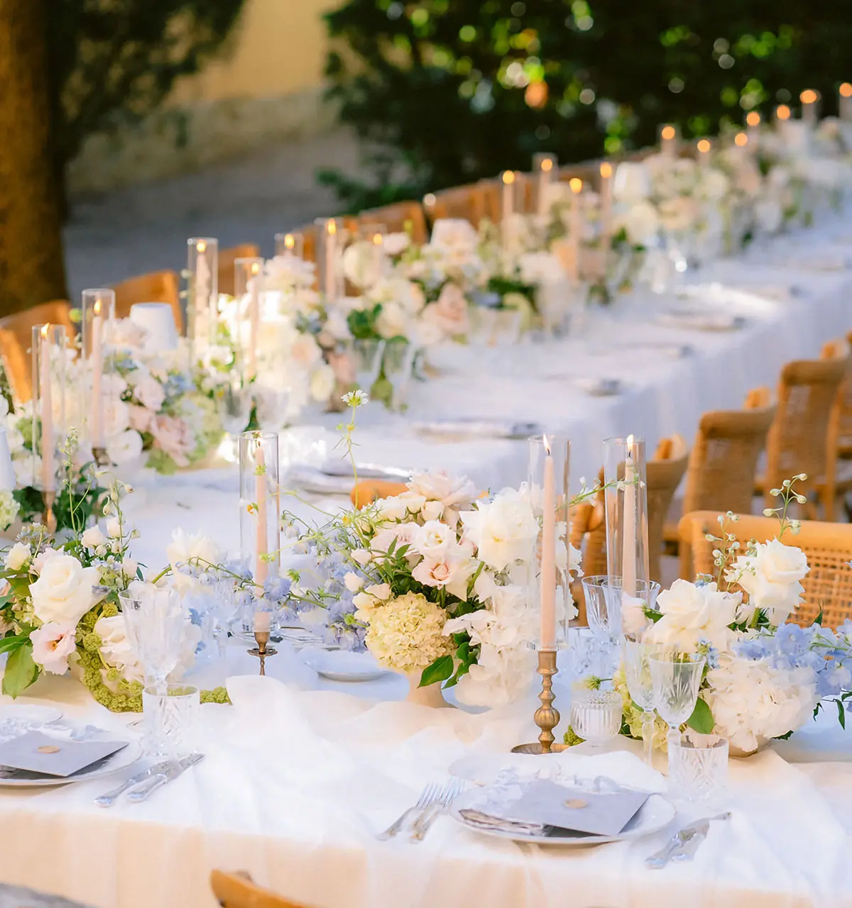 Aerial view of a hydrangea aisle beside a reflecting pool at La Foce, Tuscany