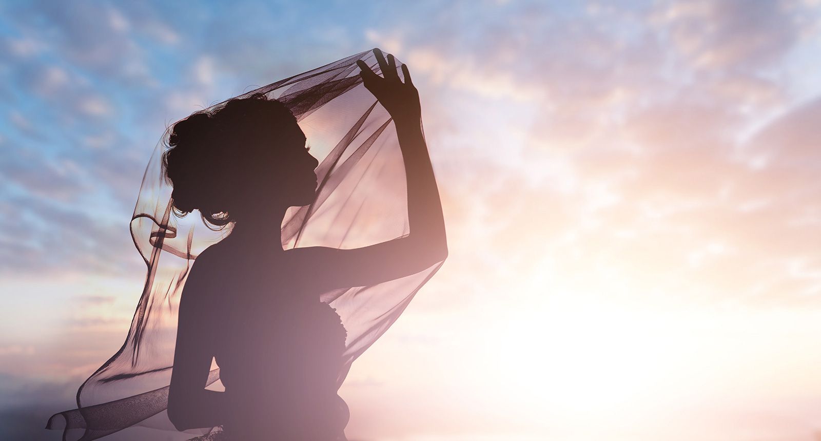 A bride's silhouette, at sunset