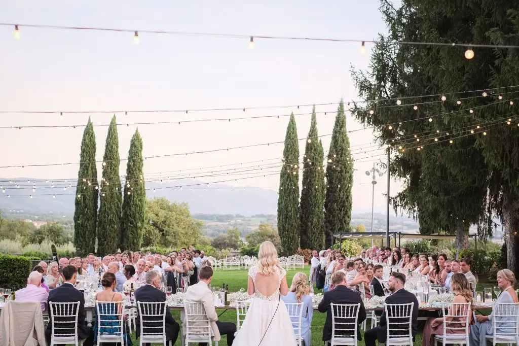 A long dinner under fairy lights with Umbrian views
