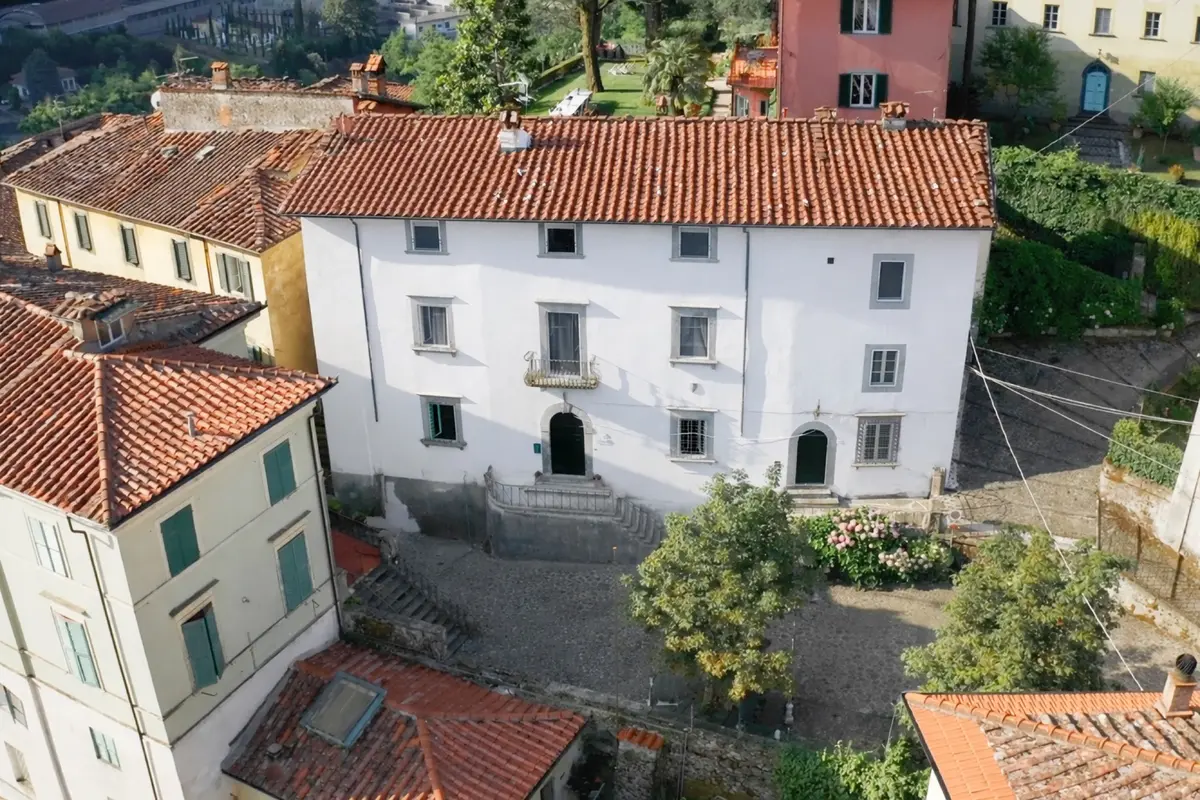 Casa Burlamacchi, the family villa above Bagni di Lucca, from the air, Burlamacchi Villas, Bagni di Lucca, Italy