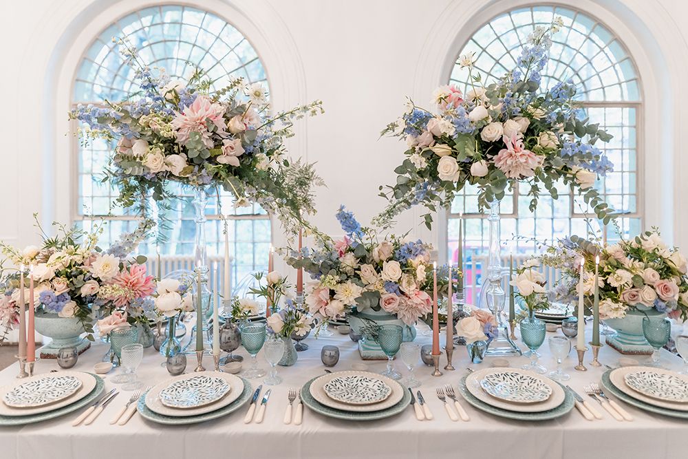A cascading tablescape of blue, pink and white