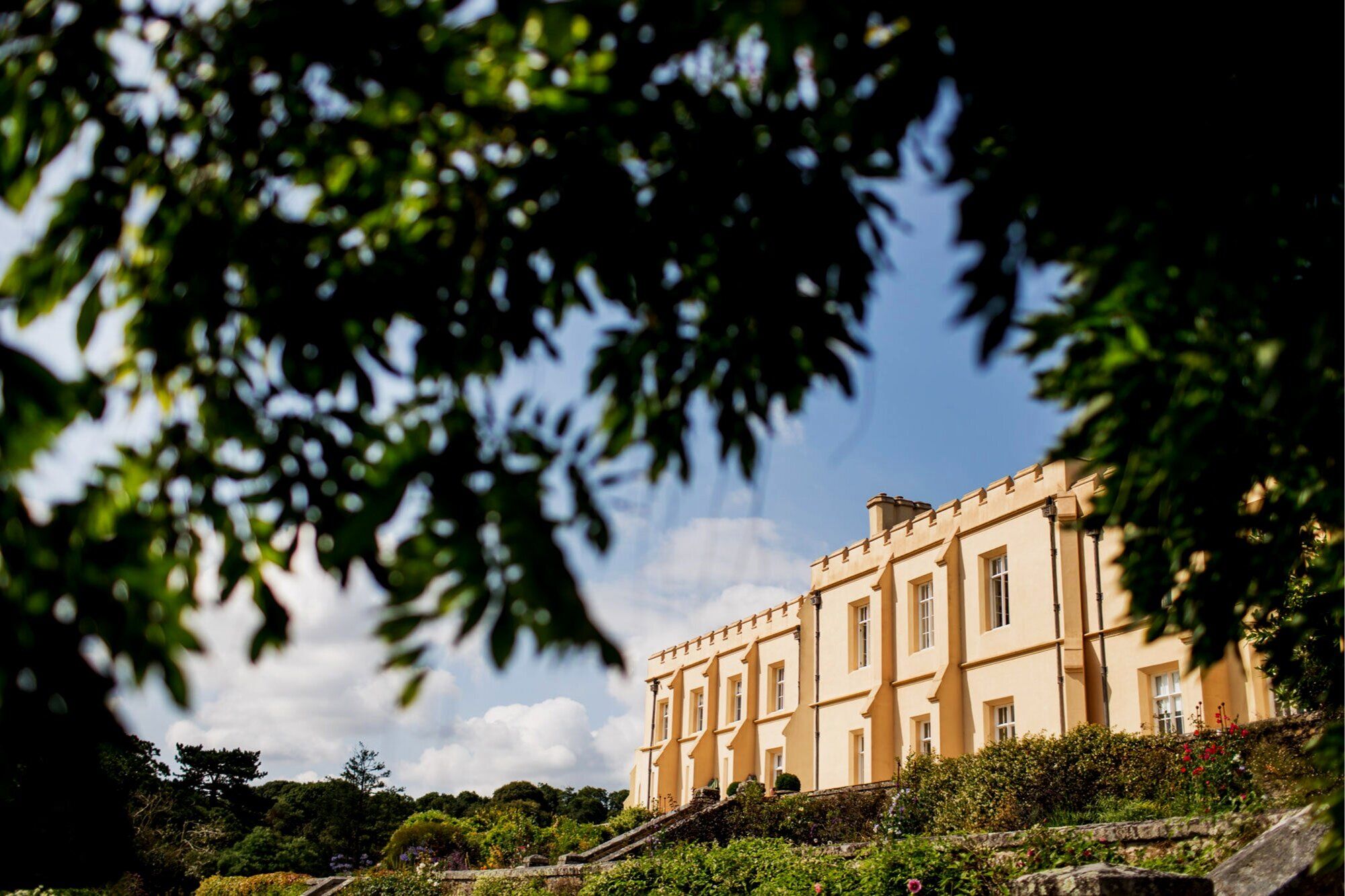 The castle framed by trees from the gardens