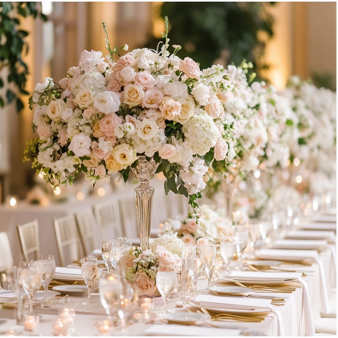 Tall centrepieces of blush and cream, along a long table